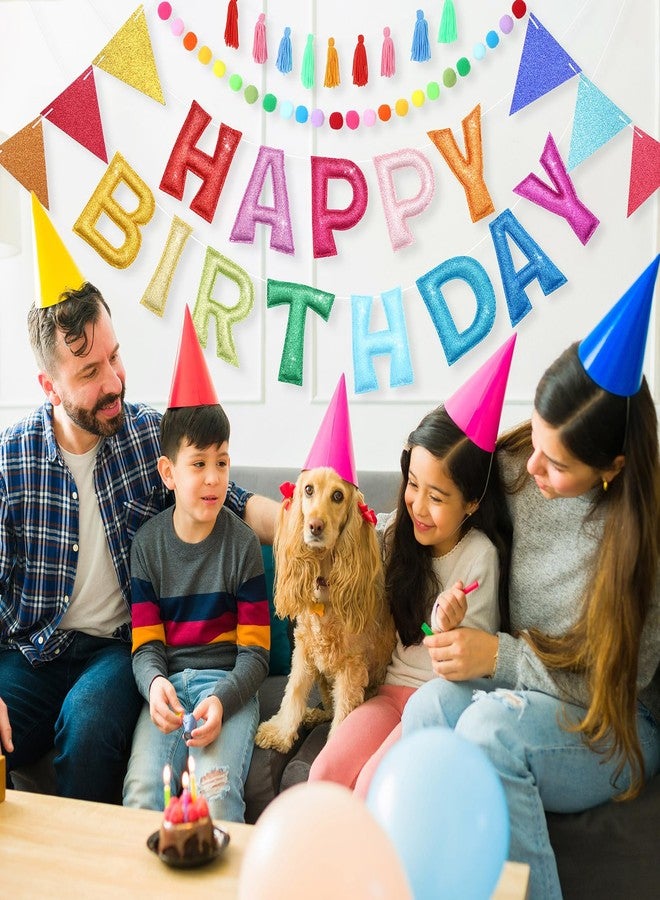 Mindsoft مجموعة زينة عيد ميلاد سعيد من Mindsoft مكونة من 5 قطع، مزينة بشرائط لامعة وكرات من اللباد، بالإضافة إلى شرائط ملونة وشرابات، لتزيين الحفلات للأطفال والكبار (قوس قزح). - Image 4