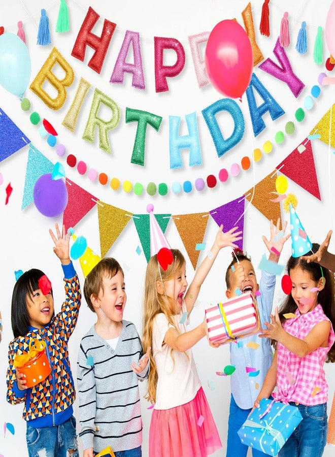 Mindsoft مجموعة زينة عيد ميلاد سعيد من Mindsoft مكونة من 5 قطع، مزينة بشرائط لامعة وكرات من اللباد، بالإضافة إلى شرائط ملونة وشرابات، لتزيين الحفلات للأطفال والكبار (قوس قزح). - Image 3