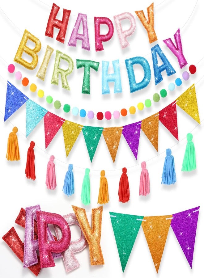 Mindsoft مجموعة زينة عيد ميلاد سعيد من Mindsoft مكونة من 5 قطع، مزينة بشرائط لامعة وكرات من اللباد، بالإضافة إلى شرائط ملونة وشرابات، لتزيين الحفلات للأطفال والكبار (قوس قزح). - Image 1