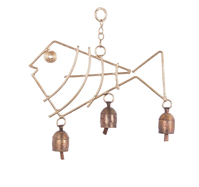 Ethnics of Kutch Ethnics of Kutch Hand Made Metal Bells Wrought Iron CopperZinc Coated Home Dcor Chimes Cow Bell Fish 3 Bells 24 cms Length Colour Copper BEL0038 - Image 1
