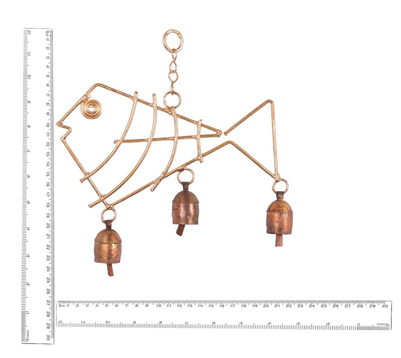 Ethnics of Kutch Ethnics of Kutch Hand Made Metal Bells Wrought Iron CopperZinc Coated Home Dcor Chimes Cow Bell Fish 3 Bells 24 cms Length Colour Copper BEL0038 - Image 2