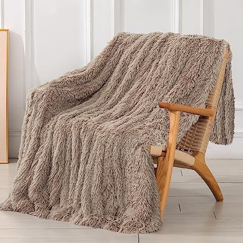Tuddrom Decorative Extra Soft Faux Fur Throw Blanket 50"x60",Solid Reversible Fuzzy Lightweight Long Hair Shaggy Blanket,Fluffy Cozy Plush Fleece Comfy Microfiber Blanket for Couch Sofa Bed,Khaki - Image 1