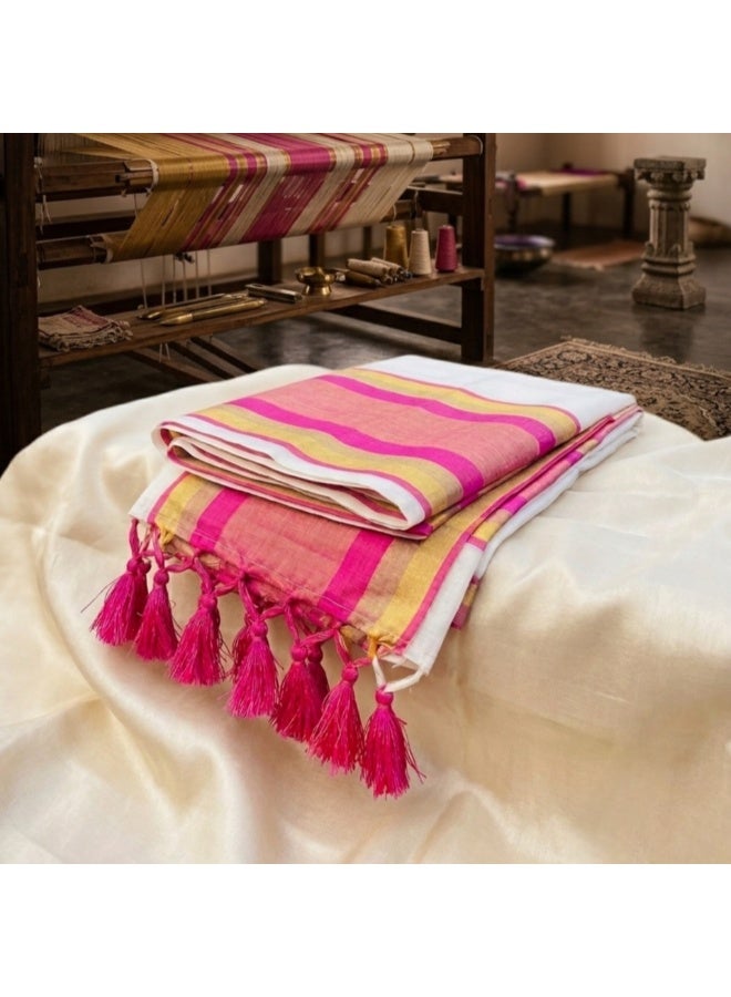 Anaya By Shalu Mul Cotton Saree with Striped Design and Tasseled Border - Image 2