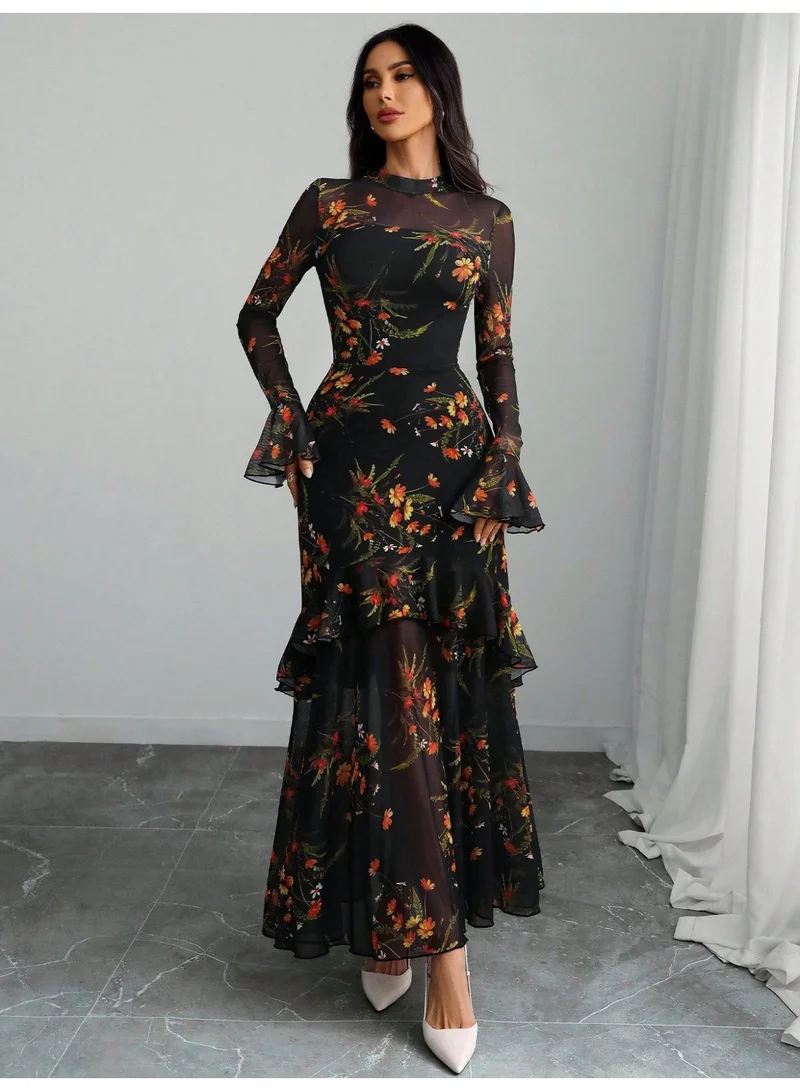 Outzidr  Black Bell Sleeves Printed Tiered Dress for Women | Best Price UAE