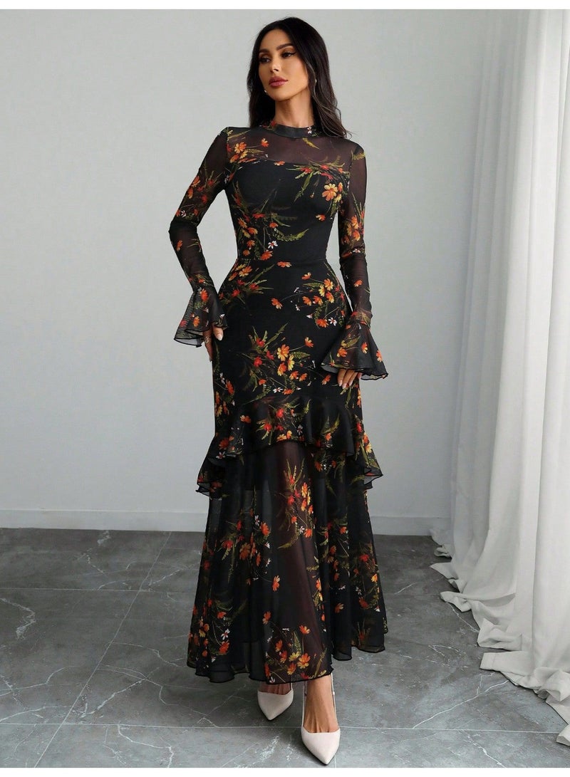 OUTZIDR Black Bell Sleeves Printed Tiered Dress - Image 5