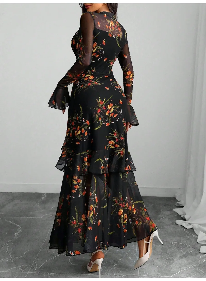 Outzidr  Black Bell Sleeves Printed Tiered Dress for Women | Best Price UAE