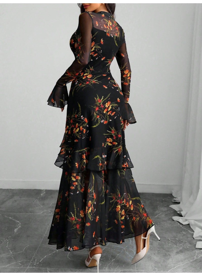 OUTZIDR Black Bell Sleeves Printed Tiered Dress - Image 4