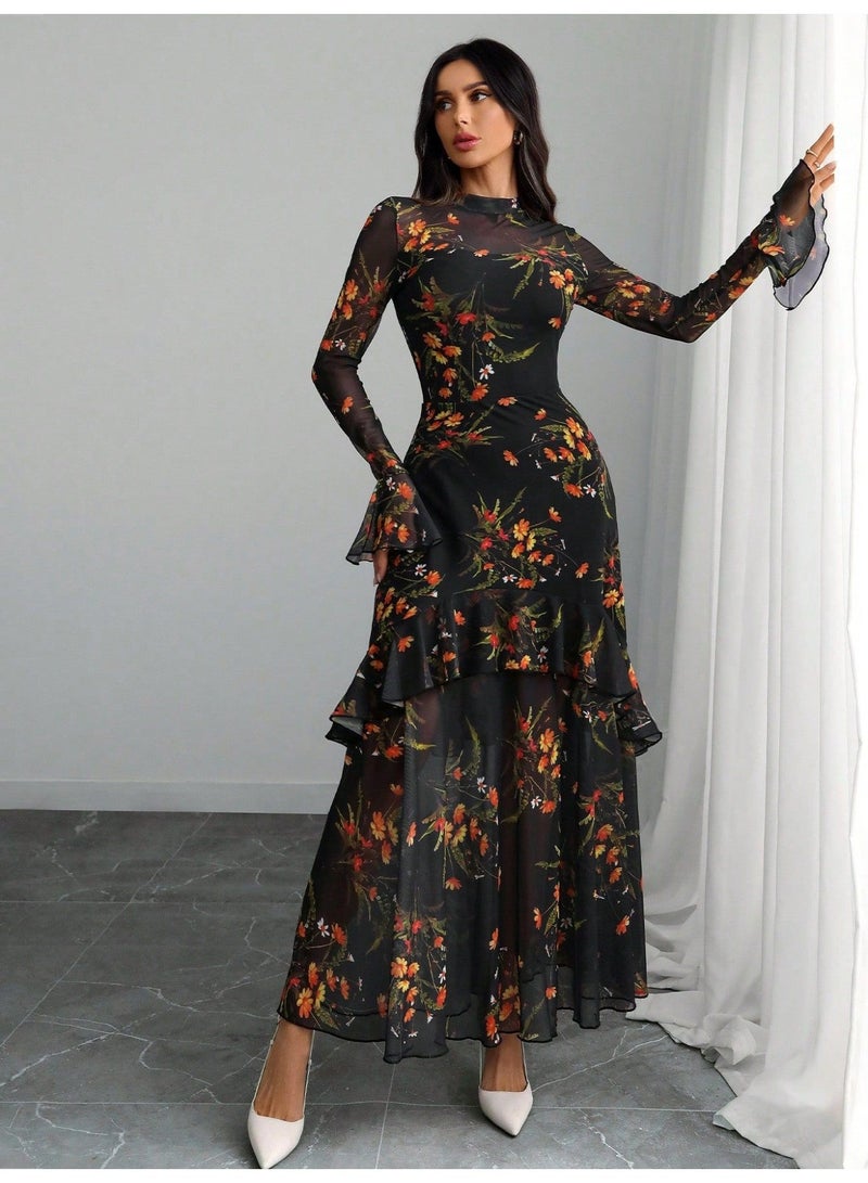 OUTZIDR Black Bell Sleeves Printed Tiered Dress - Image 1