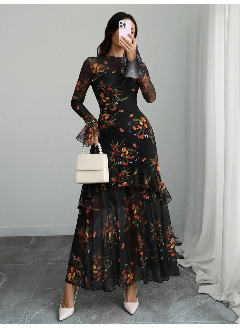 Outzidr  Black Bell Sleeves Printed Tiered Dress for Women | Best Price UAE