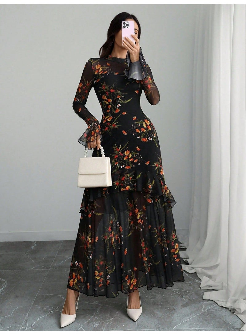 OUTZIDR Black Bell Sleeves Printed Tiered Dress - Image 3