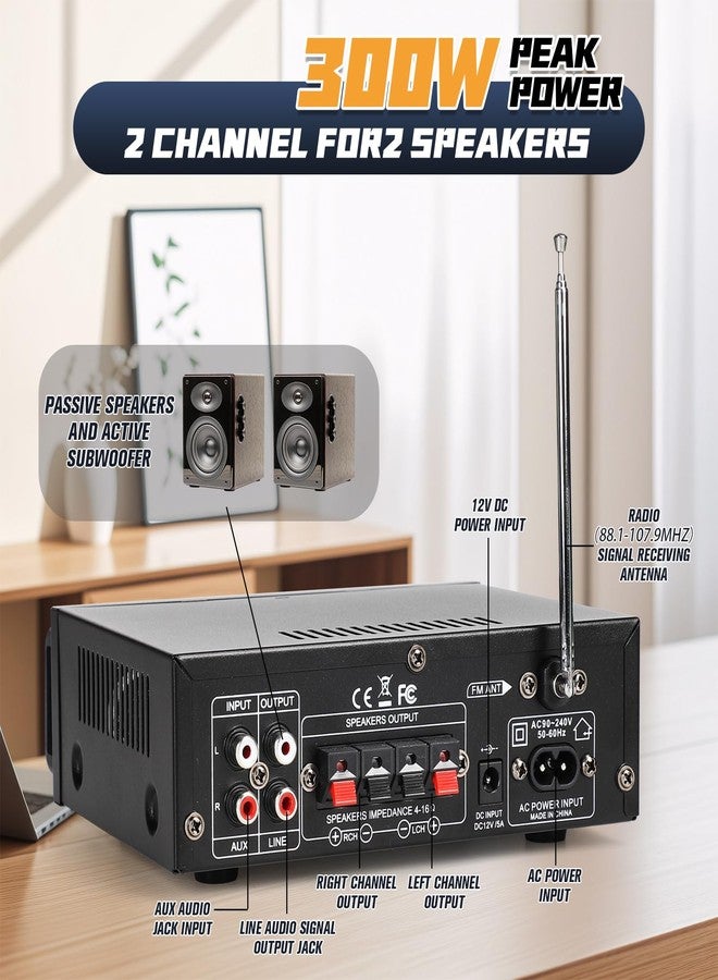 Romicta Stereo Audio Amplifier, 300W Home 2 Channel Wireless Bluetooth 5.0 Power Amplifier System, Home Amplifiers FM Radio, USB, SD Card, with Remote Control Home Theater Audio Stereo System - Image 3