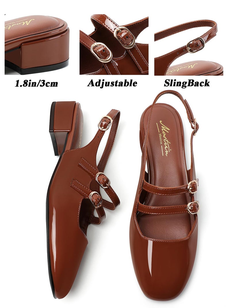 Mostrin Brown Mary Jane Shoes Women Slingback Chunky Low Heels for Women Closed Rounded Toe Ankle Strap Pumps Daily Wedding Party Dress Shoes Size 8 - Image 4