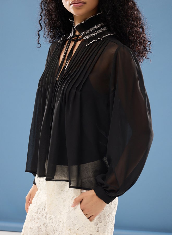 trendyol Black Ribbed Detailed Chiffon Detailed Blouse - Image 3