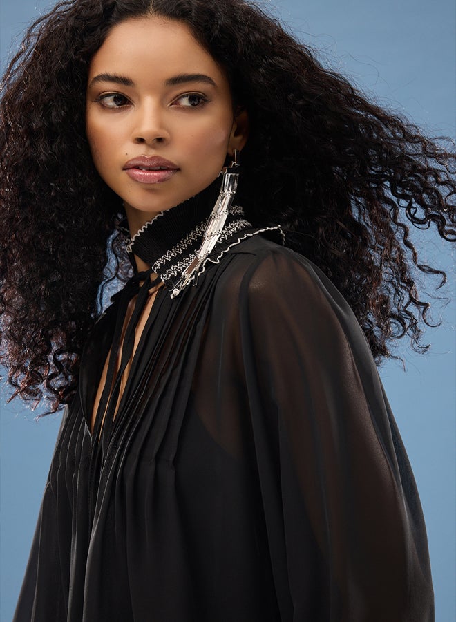 trendyol Black Ribbed Detailed Chiffon Detailed Blouse - Image 2