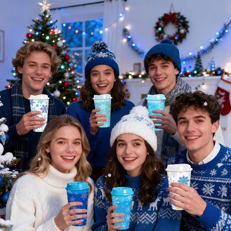 Jansun 12pcs Christmas Winter Snowflake Color Changing Cups with Lids, 16Oz Reusable Plastic Coffee Cups for Holiday Birthday Party Favors Supplies - Image 4