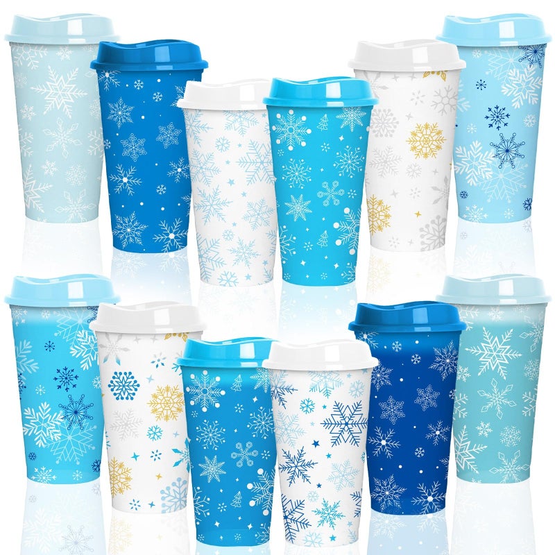 Jansun 12pcs Christmas Winter Snowflake Color Changing Cups with Lids, 16Oz Reusable Plastic Coffee Cups for Holiday Birthday Party Favors Supplies - Image 1