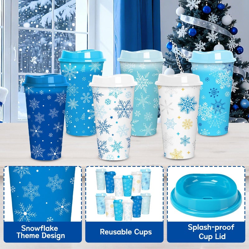 Jansun 12pcs Christmas Winter Snowflake Color Changing Cups with Lids, 16Oz Reusable Plastic Coffee Cups for Holiday Birthday Party Favors Supplies - Image 3