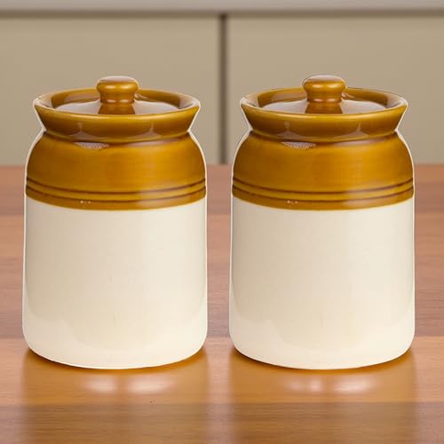 ClayStone Ceramic Achaar Jar Set - Pack of 2 Brown Martban Pickle Containers 2 Kg Each | 2000 ml Kitchen Storage Jars for Pickles, Chutneys & Sauces (2 L Jar - pack of 2) - Image 1