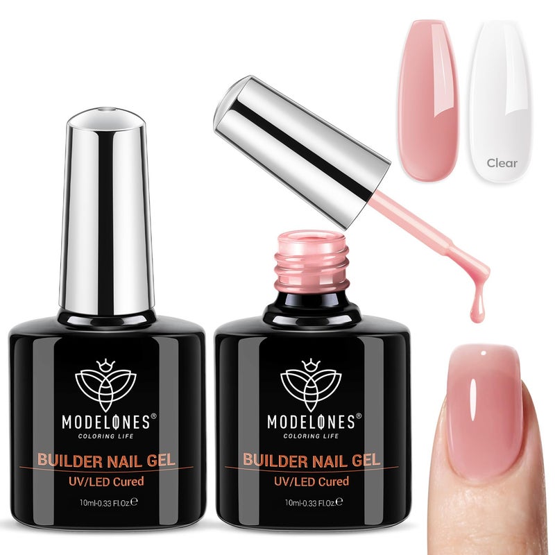 modelones Builder Nail Gel, 2 Pcs Clear and Rose Nude Pink Builder Nail Polish for Thickening Apex Building 8-in-One Rubber Color Base Polish Strengthener Extend Gel LED Lamp Cured 10 ml DIY Salon - Image 1