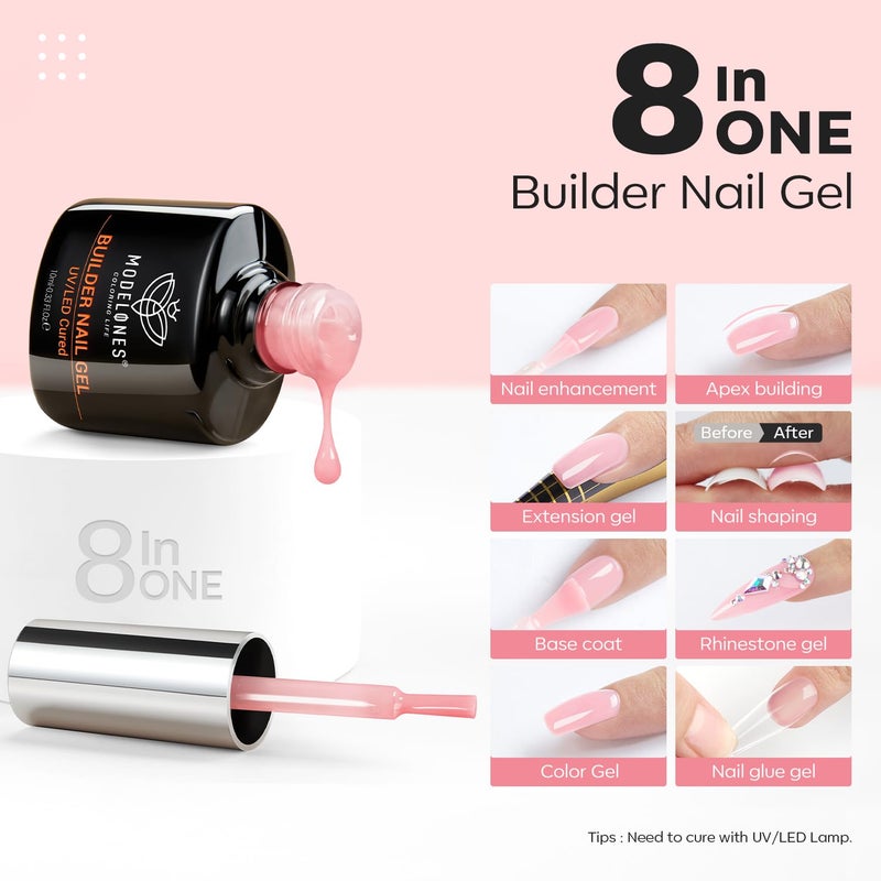 modelones Builder Nail Gel, 2 Pcs Clear and Rose Nude Pink Builder Nail Polish for Thickening Apex Building 8-in-One Rubber Color Base Polish Strengthener Extend Gel LED Lamp Cured 10 ml DIY Salon - Image 2
