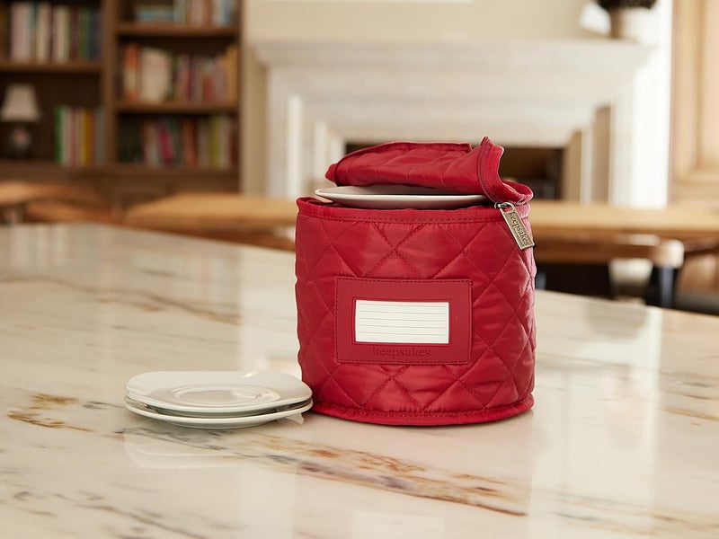 Covermates Keepsakes Dish Storage Case Padded China Dinnerware Organizer Quilted Polyester Protection ID Window Zipper Closure Machine Washable Red - Image 4
