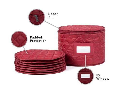 Covermates Keepsakes Dish Storage Case Padded China Dinnerware Organizer Quilted Polyester Protection ID Window Zipper Closure Machine Washable Red - Image 3