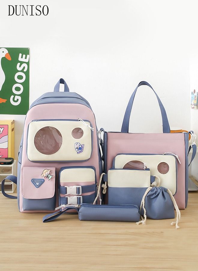 DUNISO 5 pieces Girl' s School Backpacks Multi-pocket Large Capacity Book Bag with Compartments Waterproof Wear-resistant Backpack Sets for Little Gril Teen Kids Primary School Students School bag - Image 5