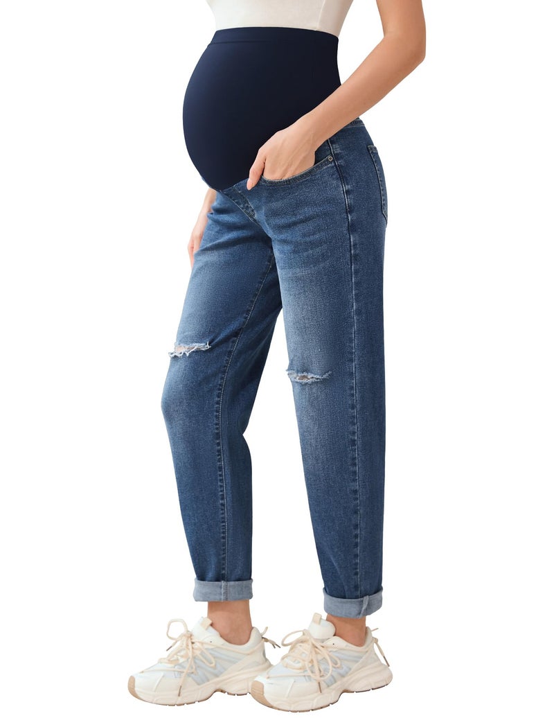 POSHGLAM Women's Maternity Jeans Over Belly Comfy Stretch 28'' Boyfriend Jeans Loose Pregnancy Pants(Ripped Dark Blue, Medium) - Image 1