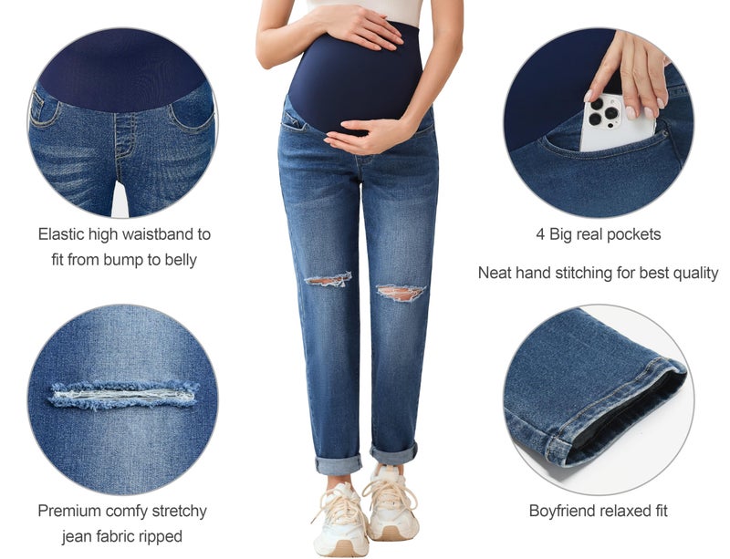 POSHGLAM Women's Maternity Jeans Over Belly Comfy Stretch 28'' Boyfriend Jeans Loose Pregnancy Pants(Ripped Dark Blue, Medium) - Image 4