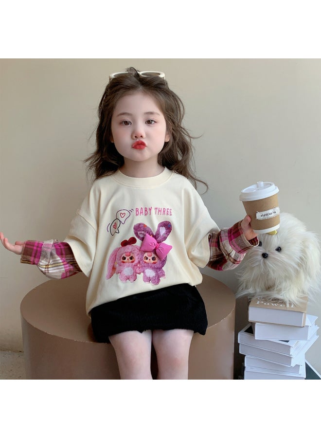 Children's Spring & Fall New Cartoon Baby Casual Plaid Fake Two-piece T-shirt, Stylish Splicing, Personalized Stereo Top, Trendy