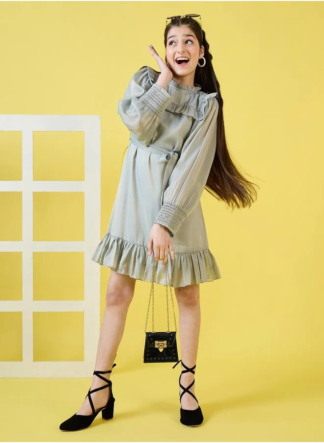 Stylo Bug Ruffled High Neck Dress with Tie Belt by Styli