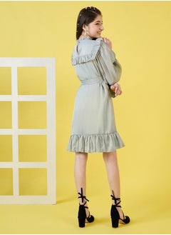 Stylo Bug Ruffled High Neck Dress with Tie Belt by Styli  - Image 4