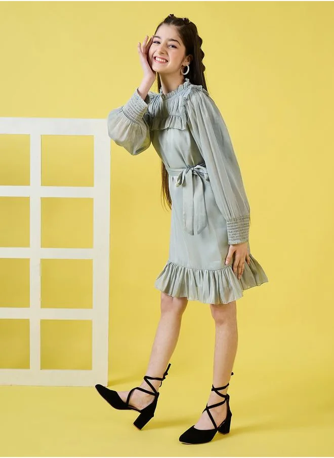 ستايلو بج Ruffled High Neck Dress with Tie Belt by Styli