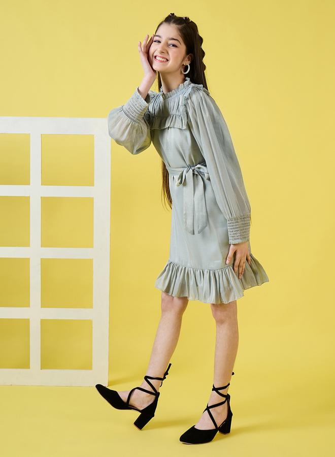 ستايلو بج فستان ستايلو باغ بياقة عالية مكشكشة وحزام ربط - Image 3