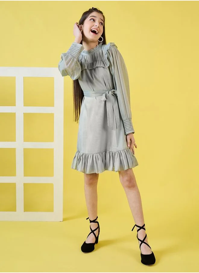 Stylo Bug Ruffled High Neck Dress with Tie Belt by Styli