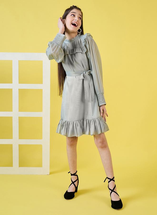 ستايلو بج فستان ستايلو باغ بياقة عالية مكشكشة وحزام ربط - Image 1