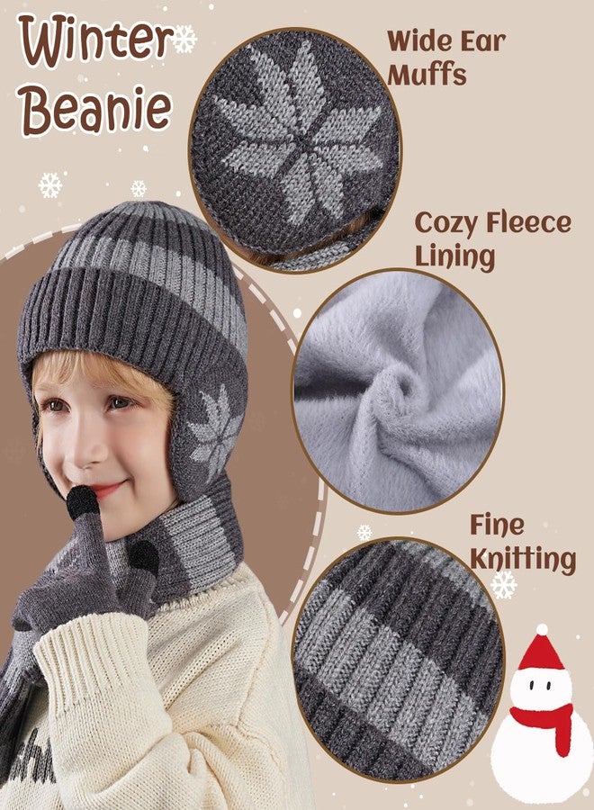 KMOLY Kids Winter Hat Scarf Gloves Set 3Pcs, 3-12Y Fleece Lined Beanie With Earmuffs Double Layer Scarf Touchscreen Gloves Toddlers (Black) - Image 2
