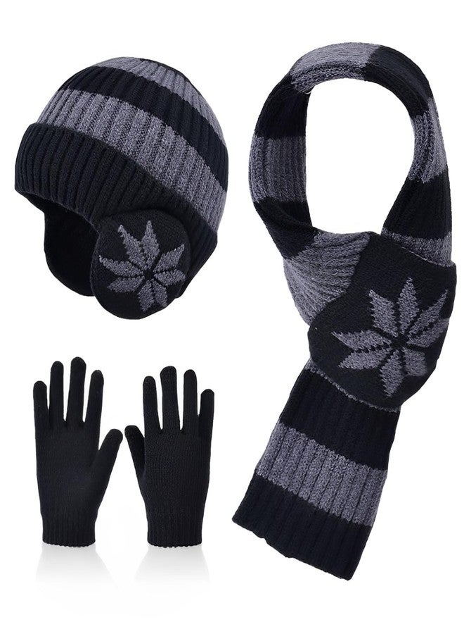 KMOLY Kids Winter Hat Scarf Gloves Set 3Pcs, 3-12Y Fleece Lined Beanie With Earmuffs Double Layer Scarf Touchscreen Gloves Toddlers (Black) - Image 1