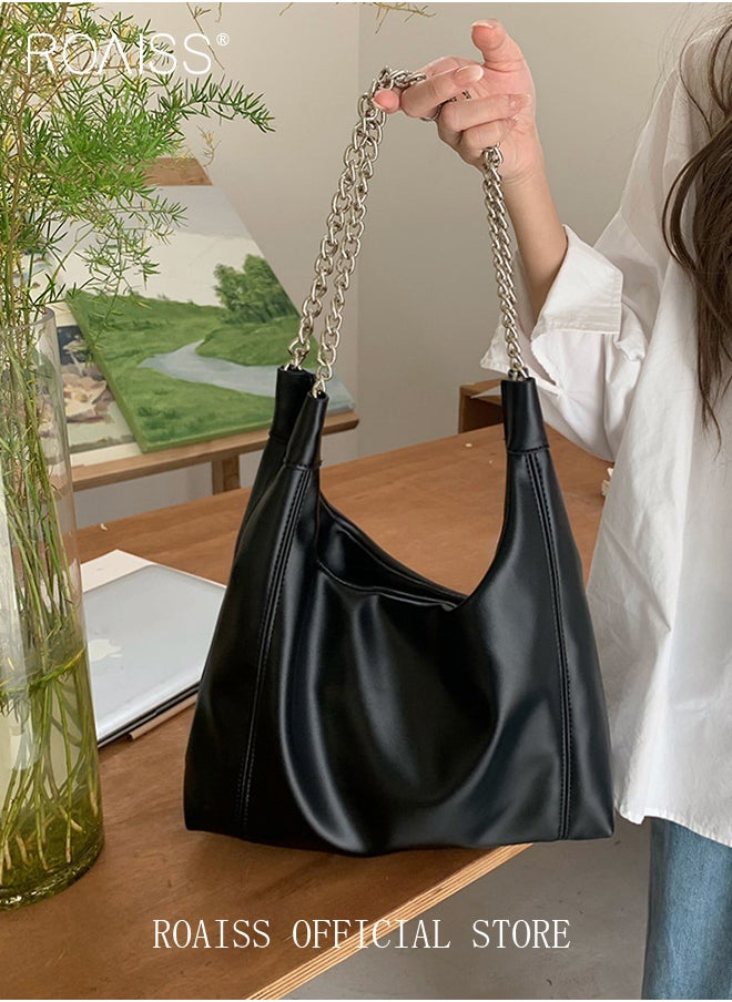 roaiss - Women Single Shoulder Bag Versatile Commuter Handheld Bag with Large Capacity Chain Strap Tote Bag Fashionable Soft Leather Shoulder Bag - Image 1