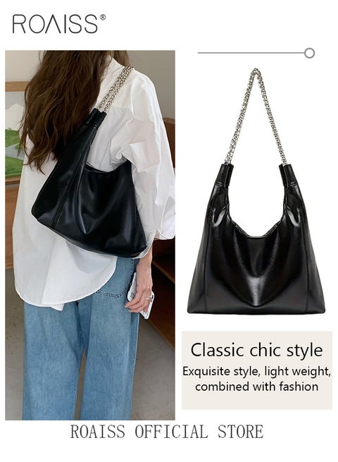 حقيبة كتف نسائية واحدة متعددة الاستخدامات حقيبة محمولة مع سلسلة ذات سعة كبيرة وحزام حمل حقيبة كتف جلدية ناعمة عصرية
