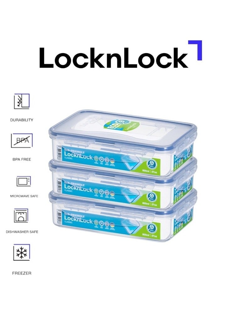 حاوية طعام لوكن لوك مستطيلة 800 مل - عبوة من 3 | محكمة الإغلاق، خالية من BPA، صديقة للبيئة، آمنة للاستخدام في الميكروويف والفريزر