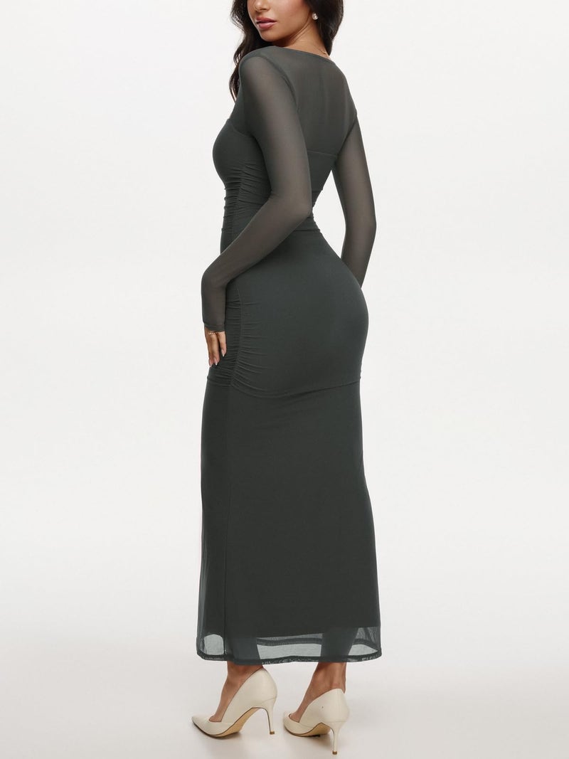 REORIA Long Sleeve Wedding Guest Maxi Dresses for Women Sheer Mesh Square Neck Ruched Bodycon Long Dress 2026 Spring Outfits Thyme Medium - Image 4