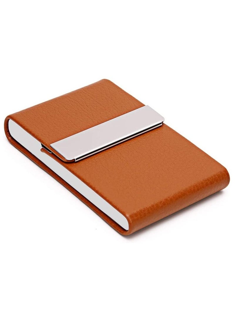 SYOSI Business Card Holder Case, Brown Fashion Professional PU Leather Business Card Carrier, Luxury Metal Name Card Holder with Magnetic Shut, Wallet Credit Card ID Case for Men & Women Best Gift  - Image 3
