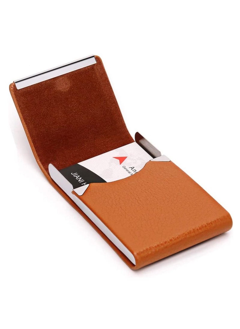 SYOSI Business Card Holder Case, Brown Fashion Professional PU Leather Business Card Carrier, Luxury Metal Name Card Holder with Magnetic Shut, Wallet Credit Card ID Case for Men & Women Best Gift  - Image 4