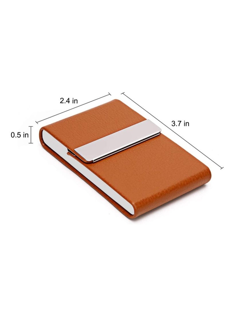 SYOSI Business Card Holder Case, Brown Fashion Professional PU Leather Business Card Carrier, Luxury Metal Name Card Holder with Magnetic Shut, Wallet Credit Card ID Case for Men & Women Best Gift  - Image 5