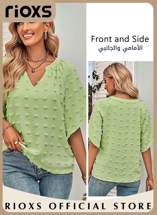 RIOXS Women's Summer Elegant T-shirt V-neck Ruffle Short Sleeve Top Casual Solid Color Chiffon Cool Shirt for Daily Wear  - Image 4