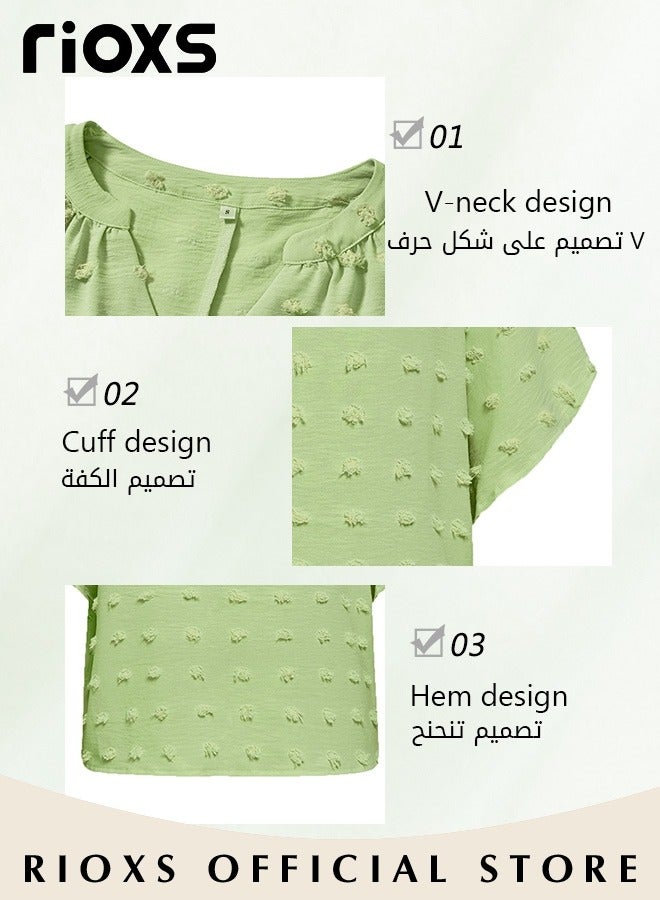 RIOXS Women's Summer Elegant T-shirt V-neck Ruffle Short Sleeve Top Casual Solid Color Chiffon Cool Shirt for Daily Wear  - Image 3