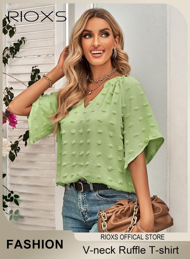 RIOXS Women's Summer Elegant T-shirt V-neck Ruffle Short Sleeve Top Casual Solid Color Chiffon Cool Shirt for Daily Wear  - Image 1
