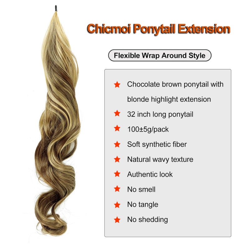 Chicmoi Chocolate Brown Ponytail Extainson with Blonde Highlight 32 Inch Flexible Wrap Around Ponytail Hair Extension Long Wavy Pony Tails hair Extension Synthetic Hairpieces For Women and Girls - Image 3