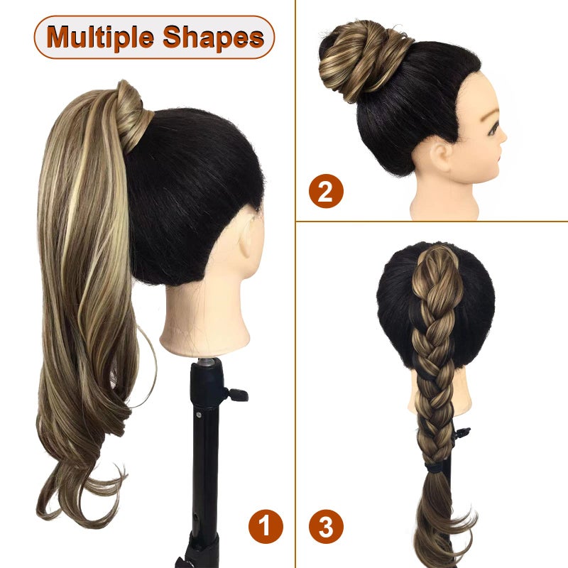 Chicmoi Chocolate Brown Ponytail Extainson with Blonde Highlight 32 Inch Flexible Wrap Around Ponytail Hair Extension Long Wavy Pony Tails hair Extension Synthetic Hairpieces For Women and Girls - Image 4